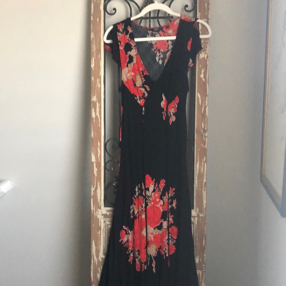Obey.  Maxi dress.  Size medium.  Black with red and gold/beige floral print.